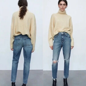 Zara Woman Distressed Jeans Denim Raw Hem High Waisted  Skinny Stretch Blue Sz 8